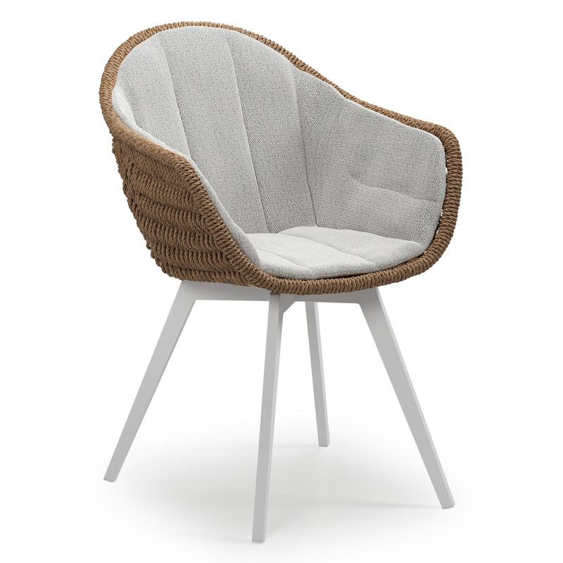 Pagino tuinstoel in wit aluminium en bruin ronde wicker met zitkussen in All Weather Sunbrella® Luxe Savane Nimbus