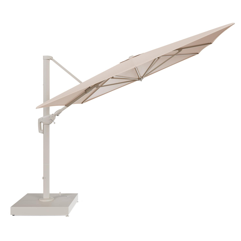 Parasol pendant Minore avec fonction tilt en aluminium beige et toile de parasol All Weather Sunbrella® Luxe Natte Linen Chalk - Lg1 400 x Lg2 300 cm avec pied de parasol Minore 260 kg avec roulettes