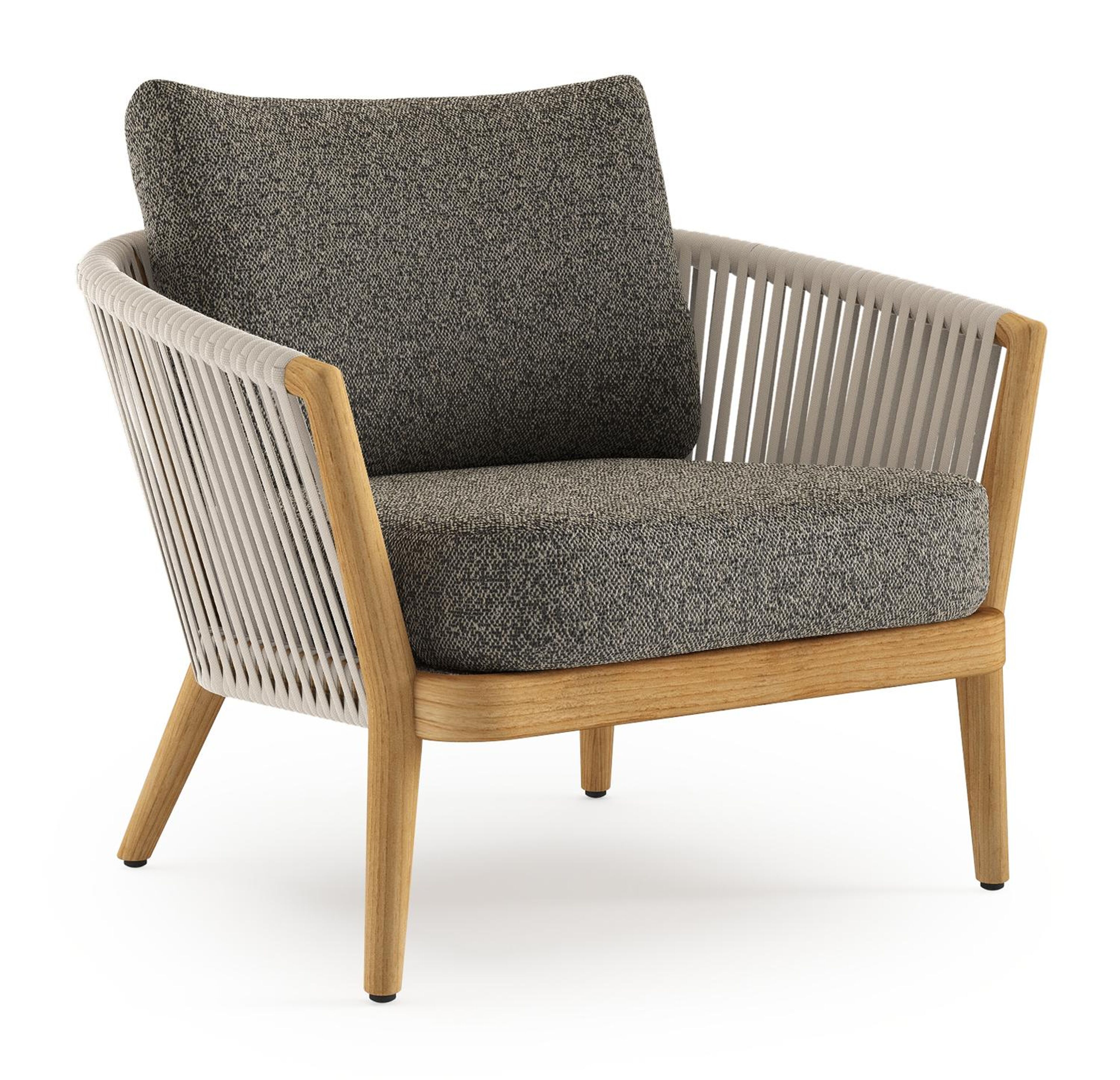 Orso loungestoel in teak en beige verticaal geweven luxe vlakke rope met Marbella Tunder all weather cosytica kussen