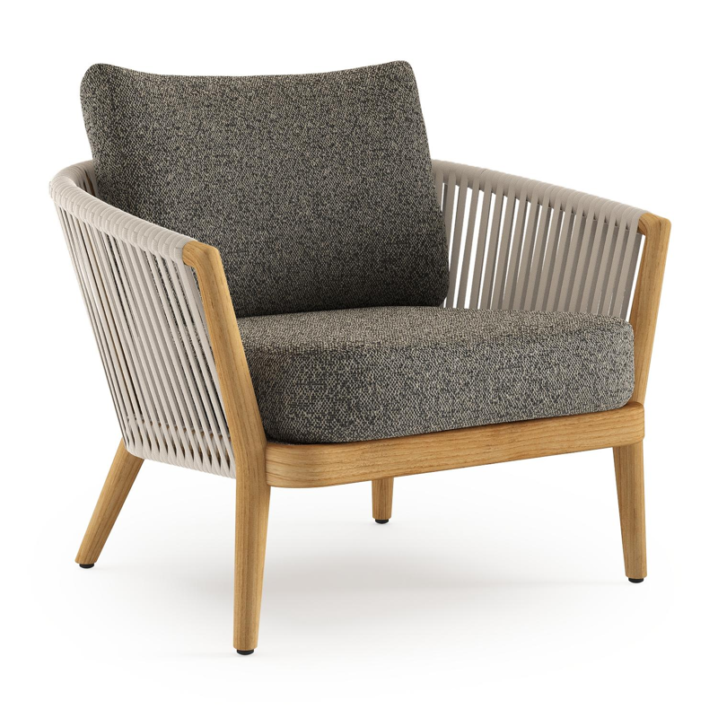 Orso loungestoel in teak en beige verticaal geweven luxe vlakke rope met Marbella Tunder all weather cosytica kussen