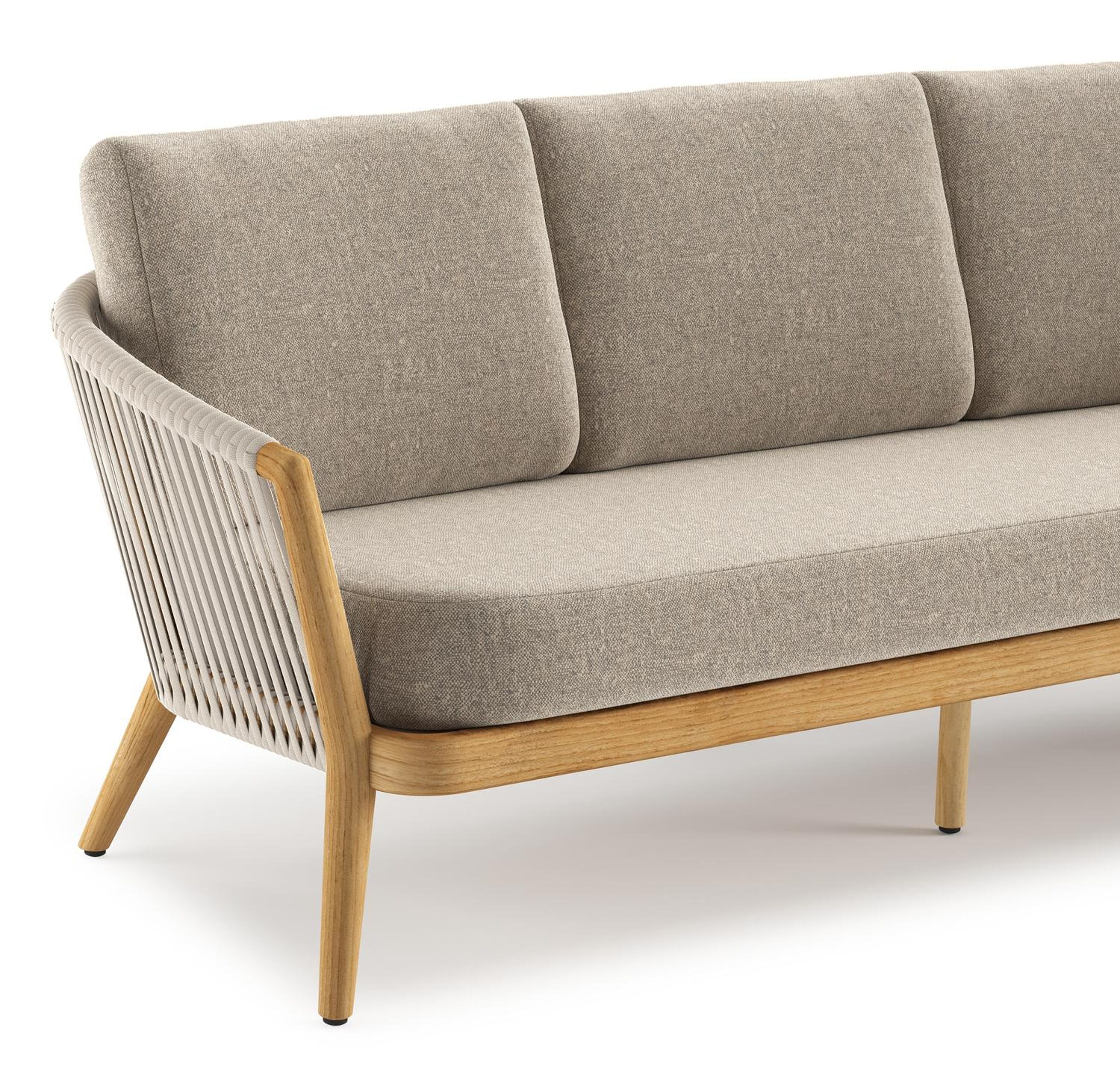 Canapé de jardin Orso en tecken corde luxe plate tissée verticalement beige et coussins en all weather sunbrella® luxe Chartres Pewter