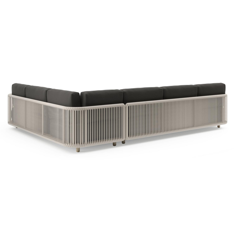 Organo loungehoek in beige aluminium en beige verticaal geweven luxe vlakke rope met heritage char all weather Sunbrella® luxe kussen