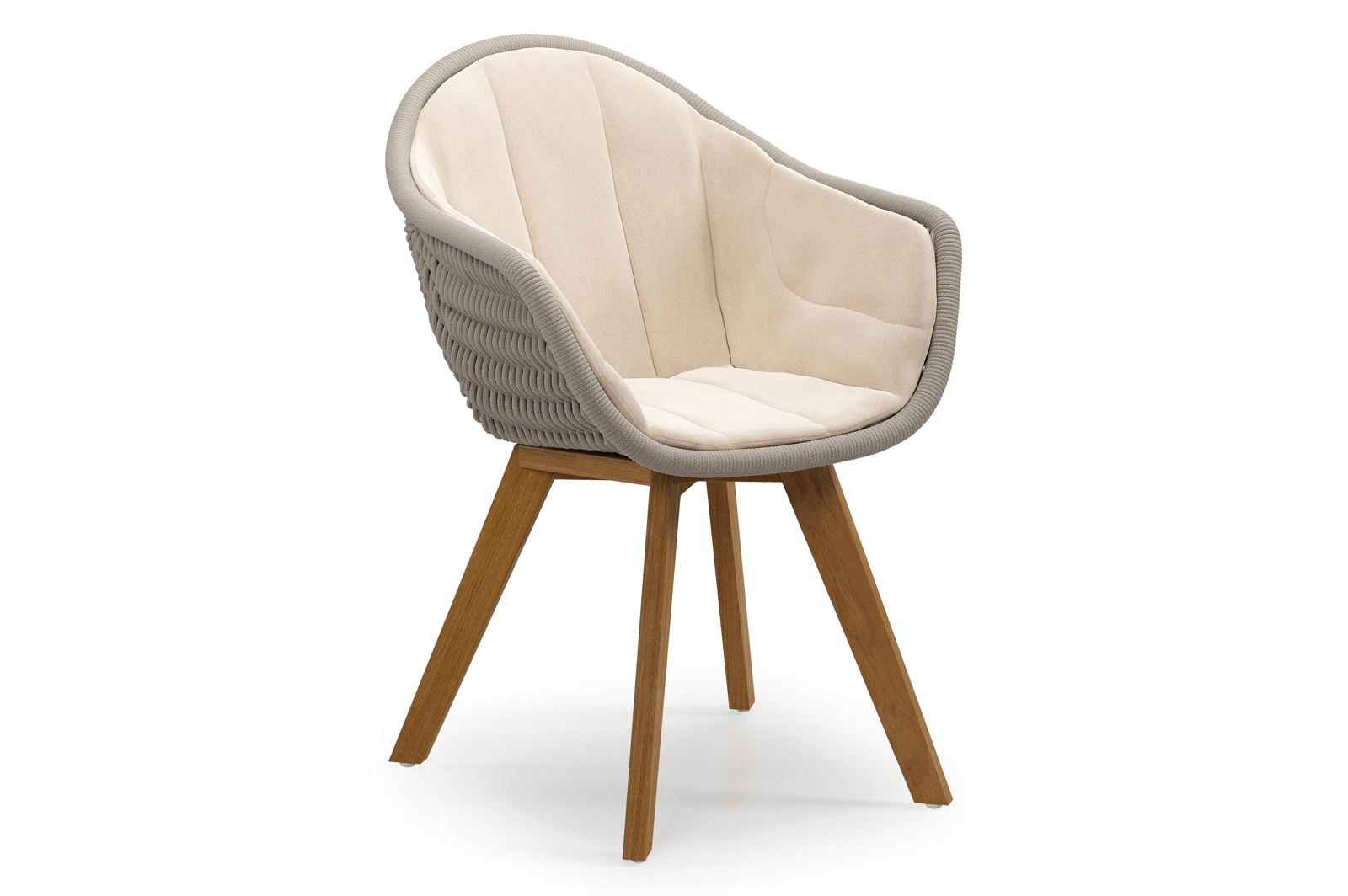 Chaise de jardin Pagino en teck naturel et corde ronde tissée verticalement beige avec coussin en All Weather Sunbrella® Luxe Natte Linen Chalk