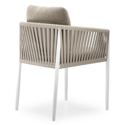 Chaise de jardin Organo en aluminium blanc et corde luxe plate tissée verticalement beige avec coussin en All Weather Sunbrella® Luxe Chartres Pewter