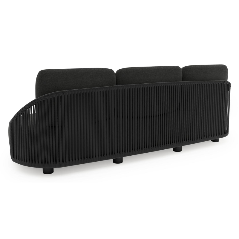 Salon de jardin Vadelo en aluminium noir et corde ronde tissée verticalement noir et coussins en all weather sunbrella® luxe chartres sooty