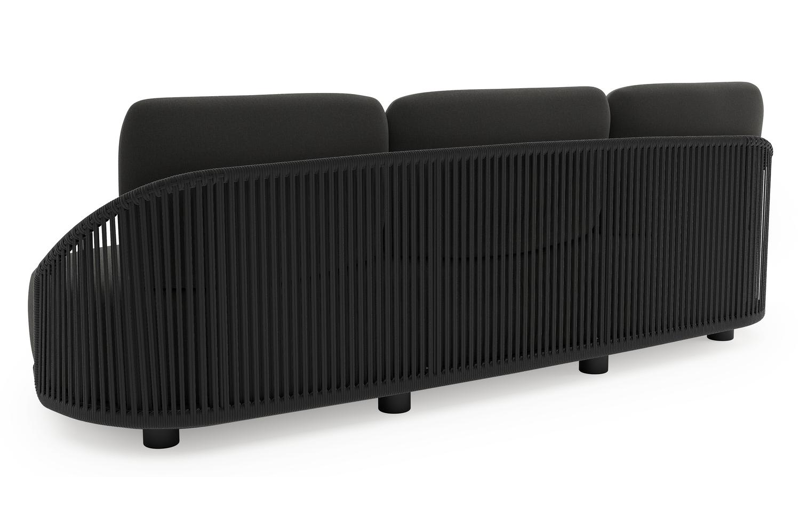 Vadelo loungeset in zwart aluminium en zwart verticaal geweven ronde rope met natte sooty all weather sunbrella® luxe kussen