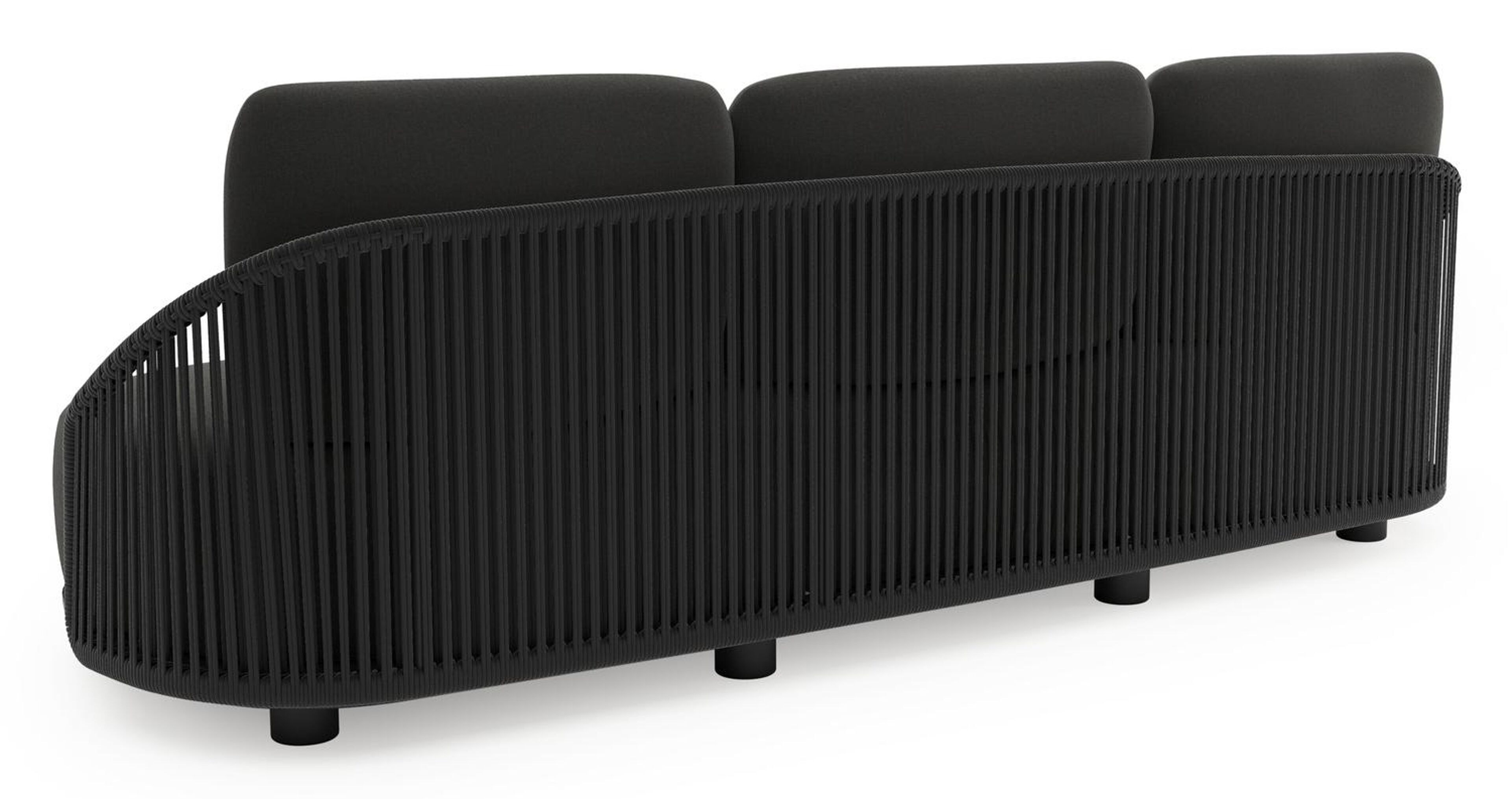 Vadelo loungeset in zwart aluminium en zwart verticaal geweven ronde rope met natte sooty all weather sunbrella® luxe kussen