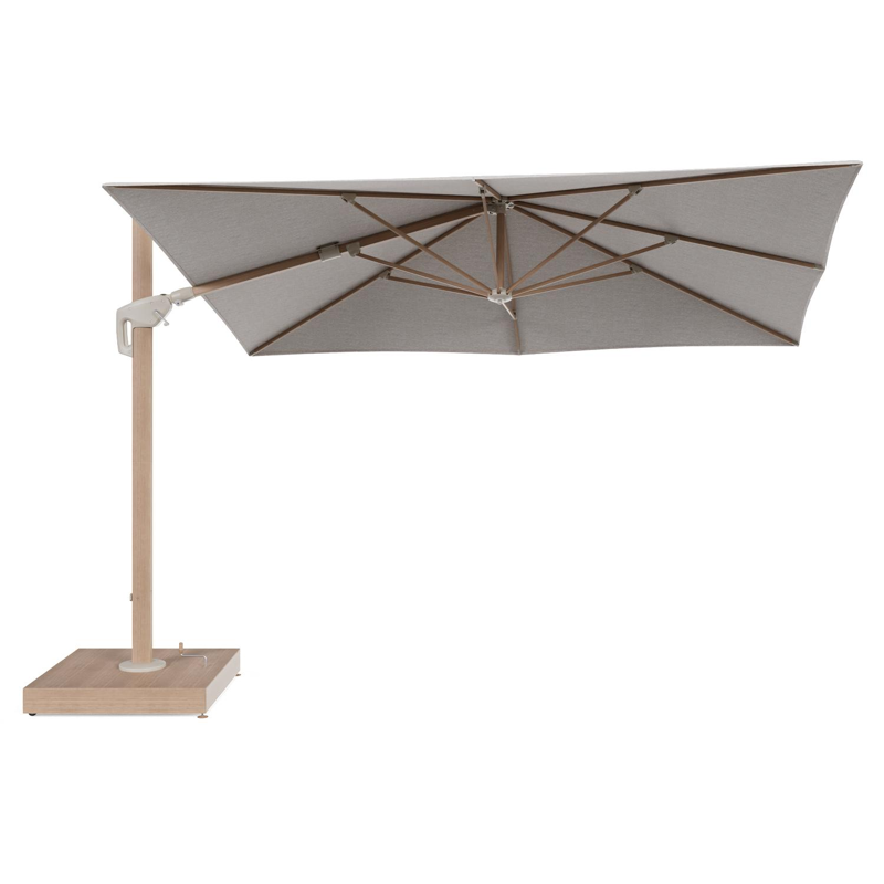 Minore zweefparasol met tiltfunctie in houtlook aluminium en Tundra Sand All Weather Sunbrella® Luxe parasoldoek - L1 280 x L2 370 cm met parasolvoet Minore 260 kg met wielen