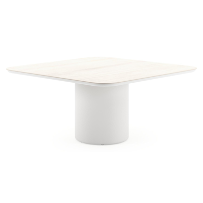 Amico tuintafel afgerond vierkant in wit aluminium en volkeramiek Travertino Bianco - L 148 x B 148 x H 73.5 cm