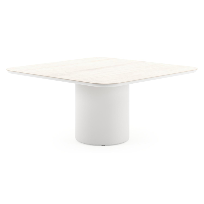 Amico tuintafel afgerond vierkant in wit aluminium en volkeramiek Travertino Bianco - L 148 x B 148 x H 73.5 cm