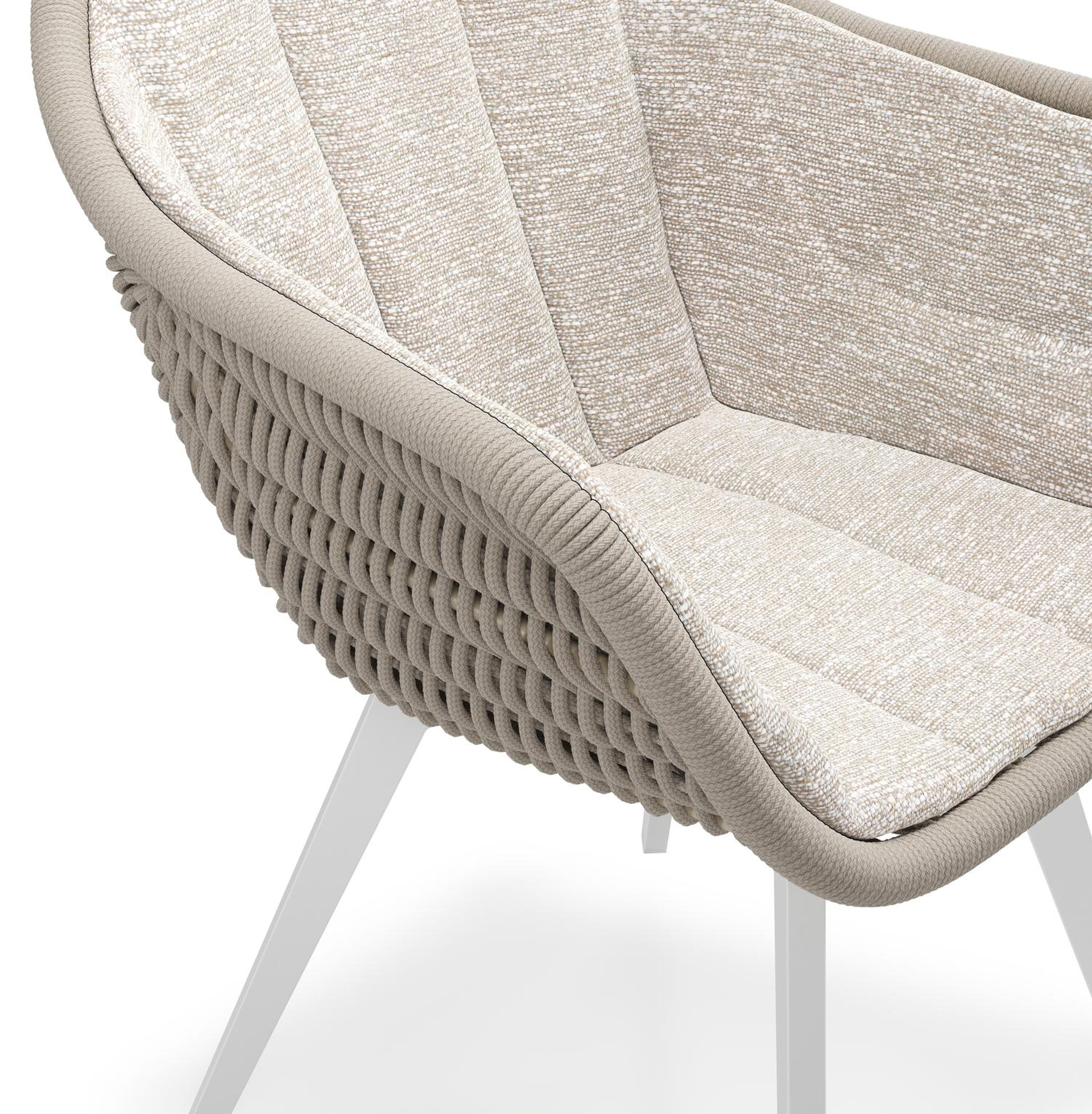 Pagino tuinstoel in wit aluminium en beige verticaal geweven ronde rope met zitkussen in All Weather Sunbrella® Luxe Tundra Sand