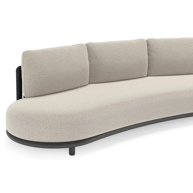 Salon de jardin Lomano en aluminium noir et corde luxe plate tissée verticalement noir et coussins en all weather solica firenze sand