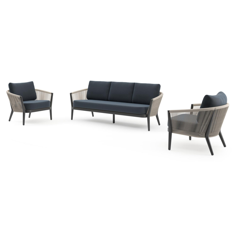 Orso loungeset in zwart aluminium en beige verticaal geweven ronde rope met Heritage Indigo all weather sunbrella® luxe kussen