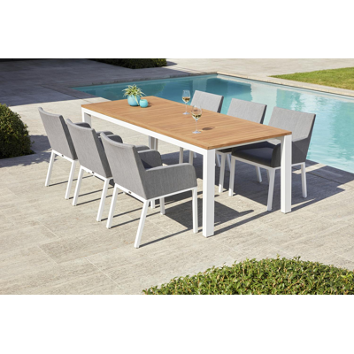 Trente tuinset in wit aluminium en teak naturel tafelblad met 6 Rivo tuinstoelen