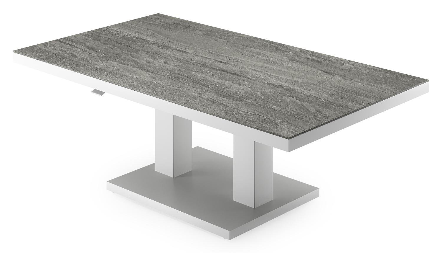 Cirello pop-up loungetafel rechthoekig in wit aluminium en volkeramiek Aspen Grey - L 140 x B 80 x H 71 cm