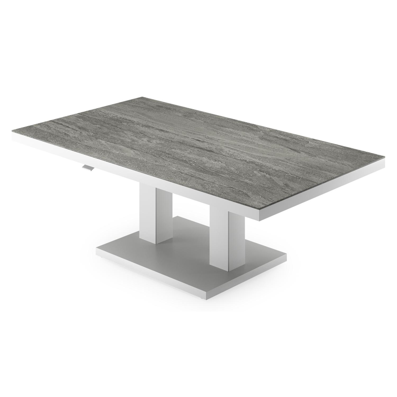 Cirello pop-up loungetafel rechthoekig in wit aluminium en volkeramiek Aspen Grey - L 140 x B 80 x H 71 cm
