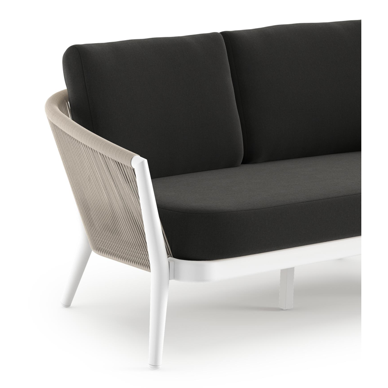 Orso loungebank in wit aluminium en beige verticaal geweven ronde rope met Natte Sooty all weather sunbrella® luxe kussen