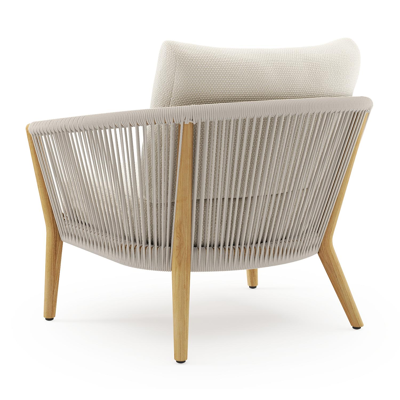 Orso loungestoel in teak en beige verticaal geweven ronde rope met Althea Off White all weather cosytica kussen