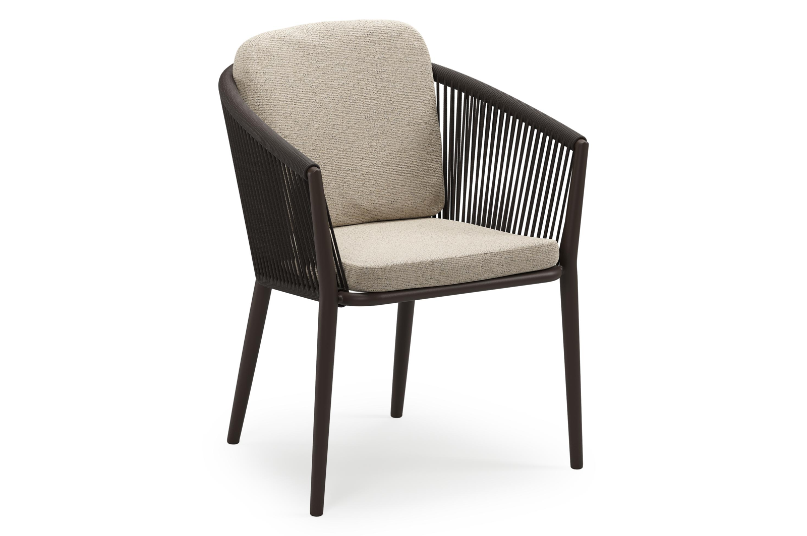 Orso stapelbare tuinstoel in donkerbruin aluminium en donkerbruin verticaal geweven ronde rope met stoelkussen in All Weather Cosytica Marbella Beige