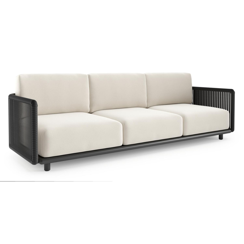 Organo loungebank in zwart aluminium en zwart verticaal geweven luxe vlakke rope met savane white all weather Sunbrella® luxe kussen