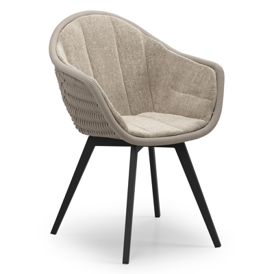 Chaise de jardin Pagino en aluminium noir et corde ronde tissée verticalement beige avec coussin en All Weather Sunbrella® Luxe Chartres Pewter