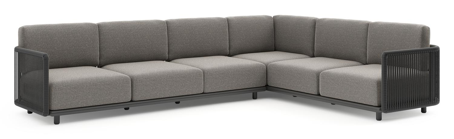 Organo loungehoek in zwart aluminium en zwart verticaal geweven luxe vlakke rope met chartres drizzle all weather Sunbrella® luxe kussen