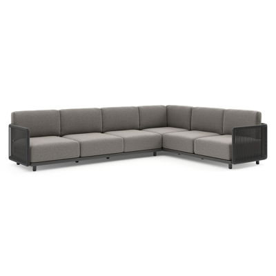 Organo loungehoek in zwart aluminium en zwart verticaal geweven luxe vlakke rope met chartres drizzle all weather Sunbrella® luxe kussen