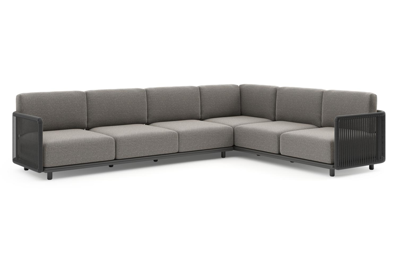 Organo loungehoek in zwart aluminium en zwart verticaal geweven luxe vlakke rope met chartres drizzle all weather Sunbrella® luxe kussen