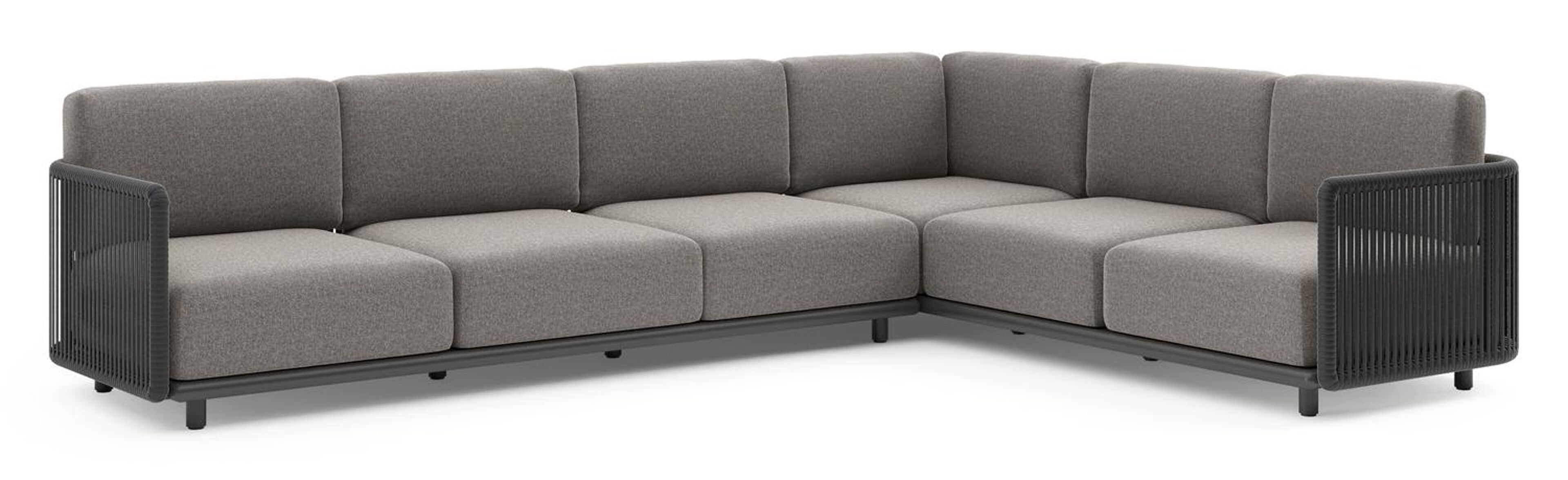 Organo loungehoek in zwart aluminium en zwart verticaal geweven luxe vlakke rope met chartres drizzle all weather Sunbrella® luxe kussen