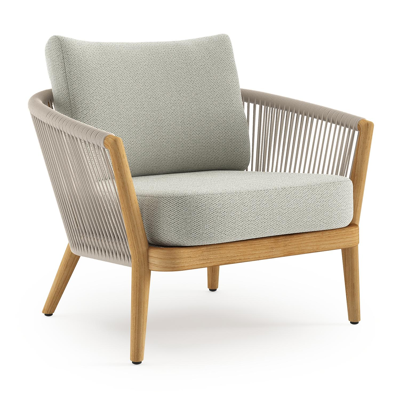 Orso loungestoel in teak en beige verticaal geweven ronde rope met Lopi Bud all weather sunbrella® luxe kussen