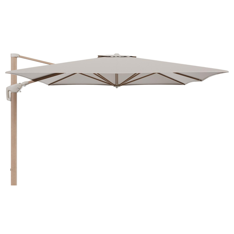 Parasol pendant Minore avec fonction tilt en aluminium aspect de bois et toile de parasol All Weather Sunbrella® Luxe Heritage Ash - Lg.1: 350 x Lg.2: 350 cm (sans pied de parasol