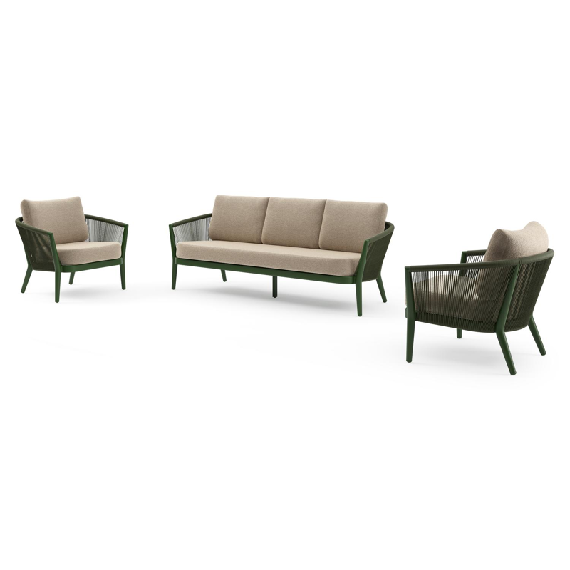 Salon de jardin Orso en aluminium vert en corde ronde tissée verticalement vert et coussins en all weather cosytica Madagascar Oak