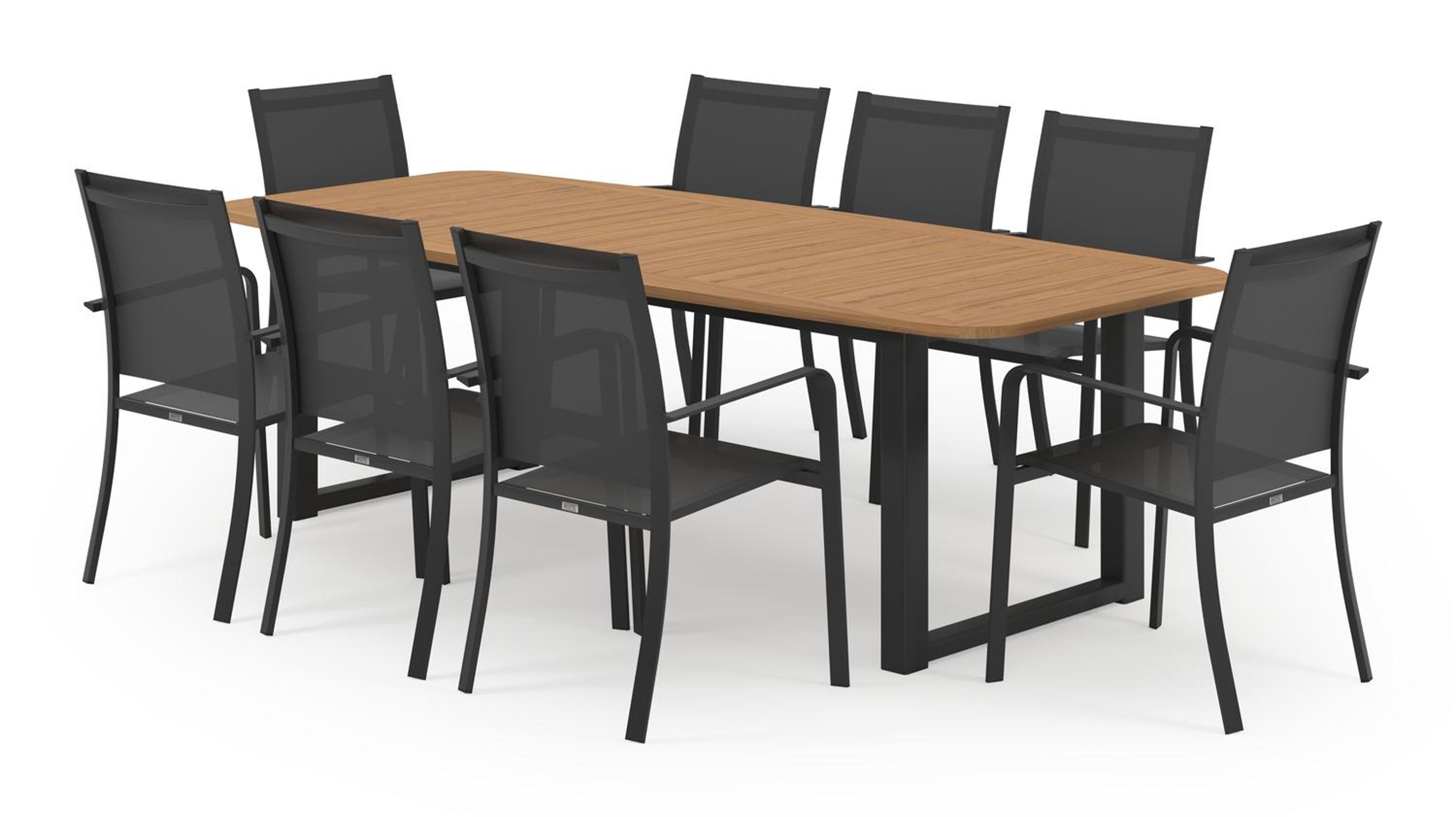 Livo tuinset in zwart aluminium en natural finish teak tafelblad met 8 stapelbare Calobra tuinstoelen
