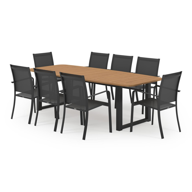 Livo tuinset in zwart aluminium en natural finish teak tafelblad met 8 stapelbare Calobra tuinstoelen