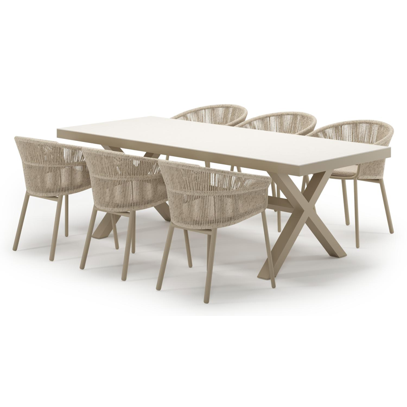 Ensemble de jardin Reza en aluminium beige et sintered stone crema minerale avec 6 chaises de jardin empilable Matera