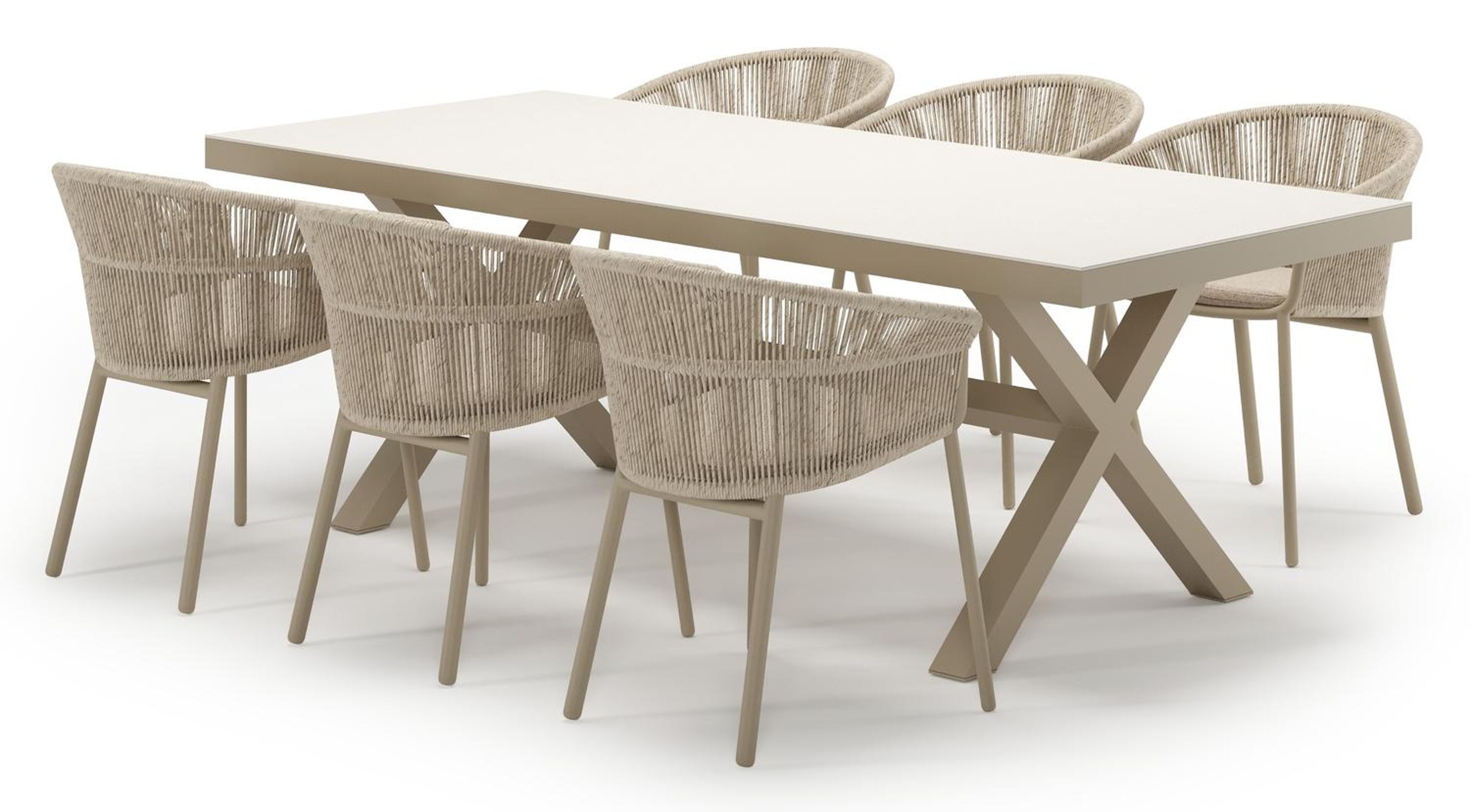Ensemble de jardin Reza en aluminium beige et sintered stone crema minerale avec 6 chaises de jardin empilable Matera
