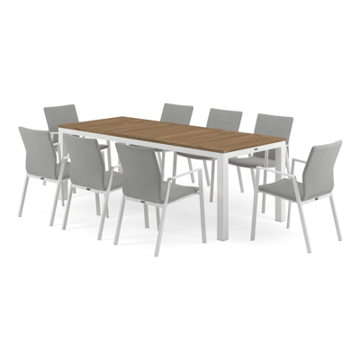 Varese tuinset in wit aluminium en naturel teak tafelblad met 8 stapelbare Madura tuinstoelen