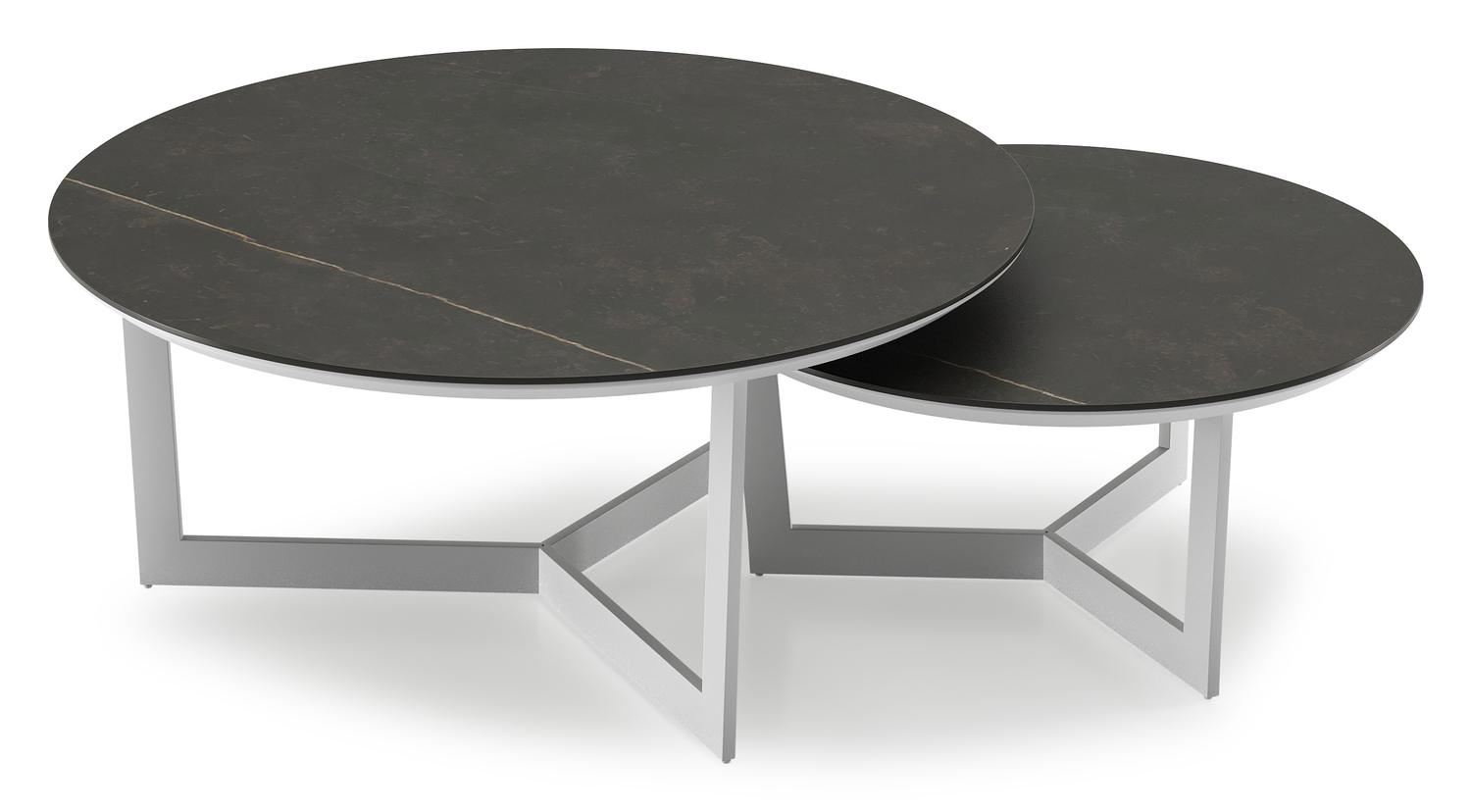 Ensemble de 2 tables d'appoint Fano ronde en aluminium blanc et céramique pleine Calatorao - Diam. 85/65 x Haut. 35/30 cm