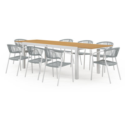 Oviedo tuinset met verlengbare tafel in wit aluminium en naturel polywood tafelblad met 8 stapelbare Vigo tuinstoelen