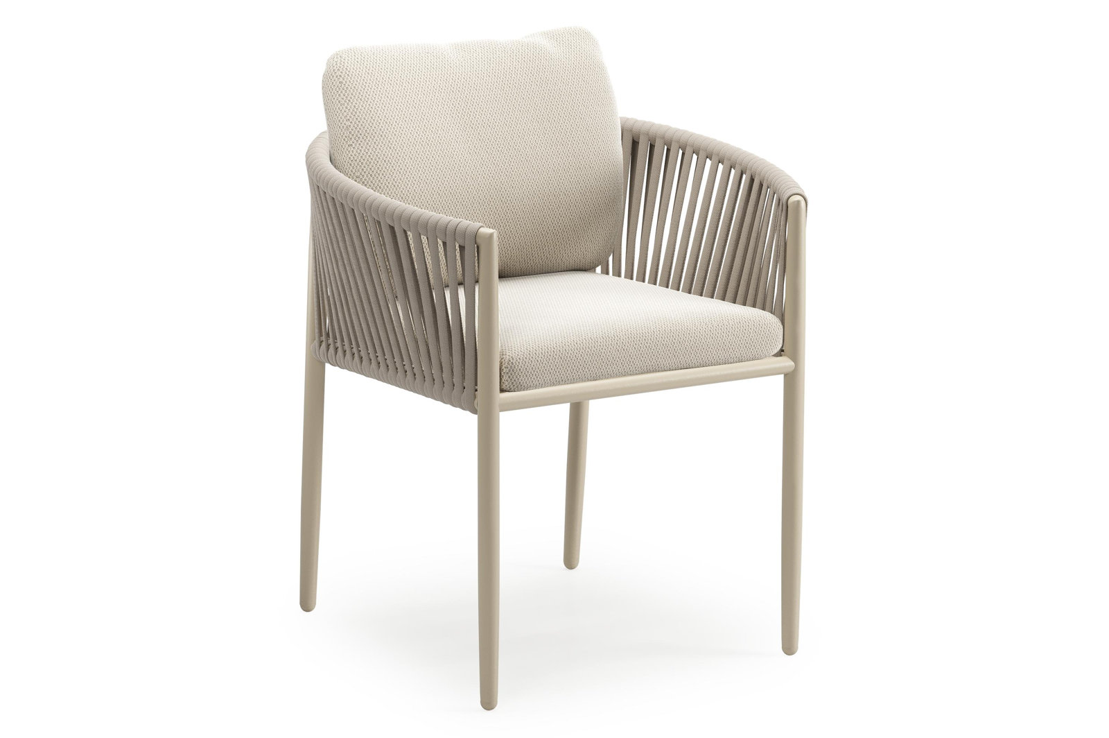 Chaise de jardin Organo en aluminium beige et corde luxe plate beige tissée verticalement avec coussin en marbre All Weather Sunbrella® Luxe Lopi
