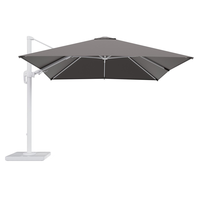 Rufina zweefparasol tiltfunctie in wit aluminium en parasoldoek in All Weather Sunbrella® Luxe Natte Nature Grey - L1 300 x L2 300 cm met parasolvoet Lapido 120 kg