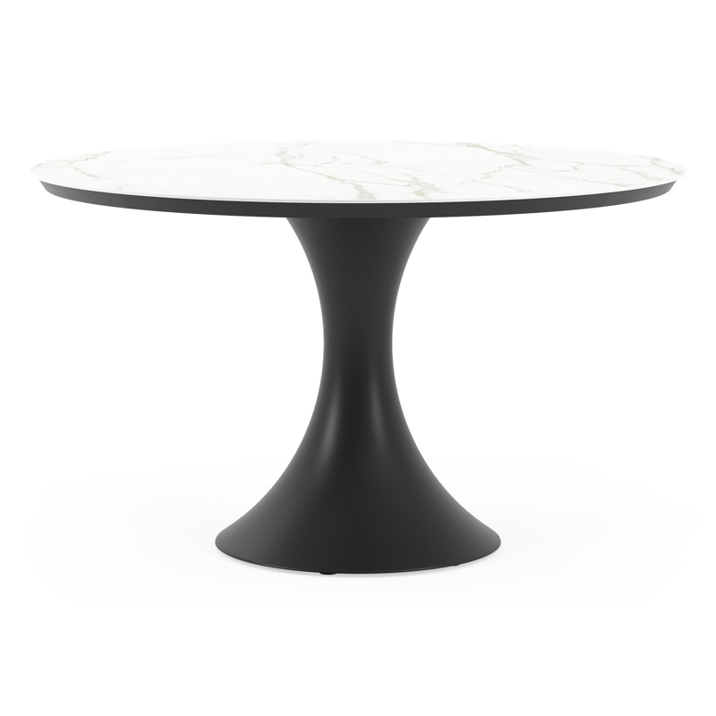 Table de jardin Fano ronde en aluminium noir et céramique pleine Calacatta - Diam. 130 x Haut. 75 cm