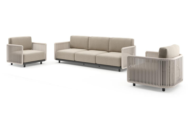 Organo loungeset in zwart aluminium en beige verticaal geweven luxe vlakke rope met marbella beige All Weather Cosytica kussens