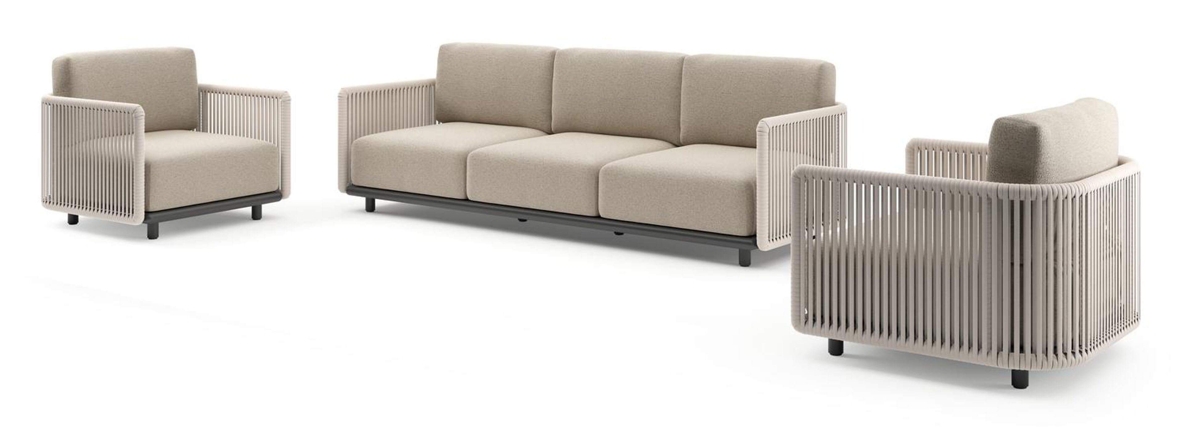 Organo loungeset in zwart aluminium en beige verticaal geweven luxe vlakke rope met marbella beige All Weather Cosytica kussens