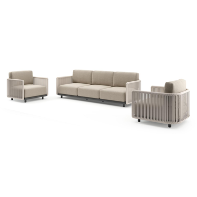 Organo loungeset in zwart aluminium en beige verticaal geweven luxe vlakke rope met marbella beige All Weather Cosytica kussens