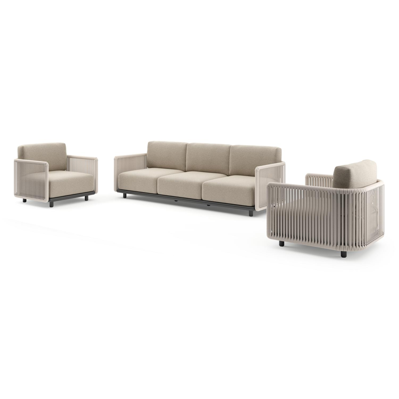 Organo loungeset in zwart aluminium en beige verticaal geweven luxe vlakke rope met marbella beige All Weather Cosytica kussens