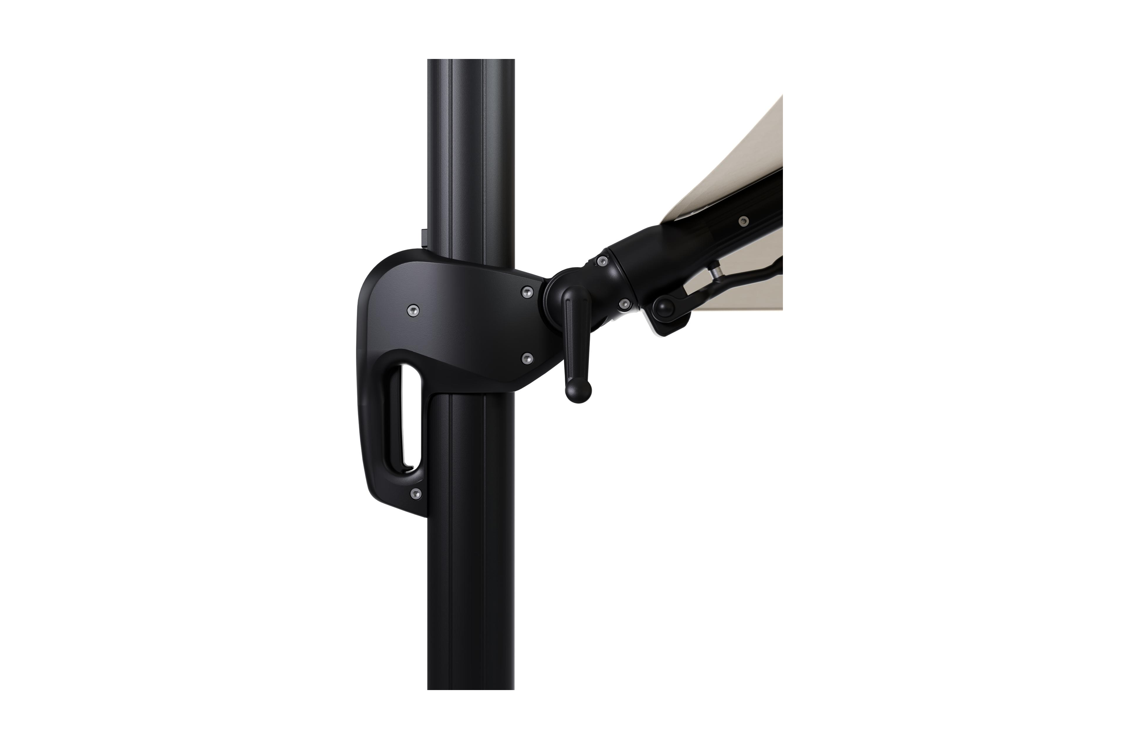 Rufina zweefparasol met tiltfunctie in zwart aluminium met beige all weather sunbrella® premium parasoldoek - L1 350 x L2 250 cm met parasolvoet Lapido 120 kg