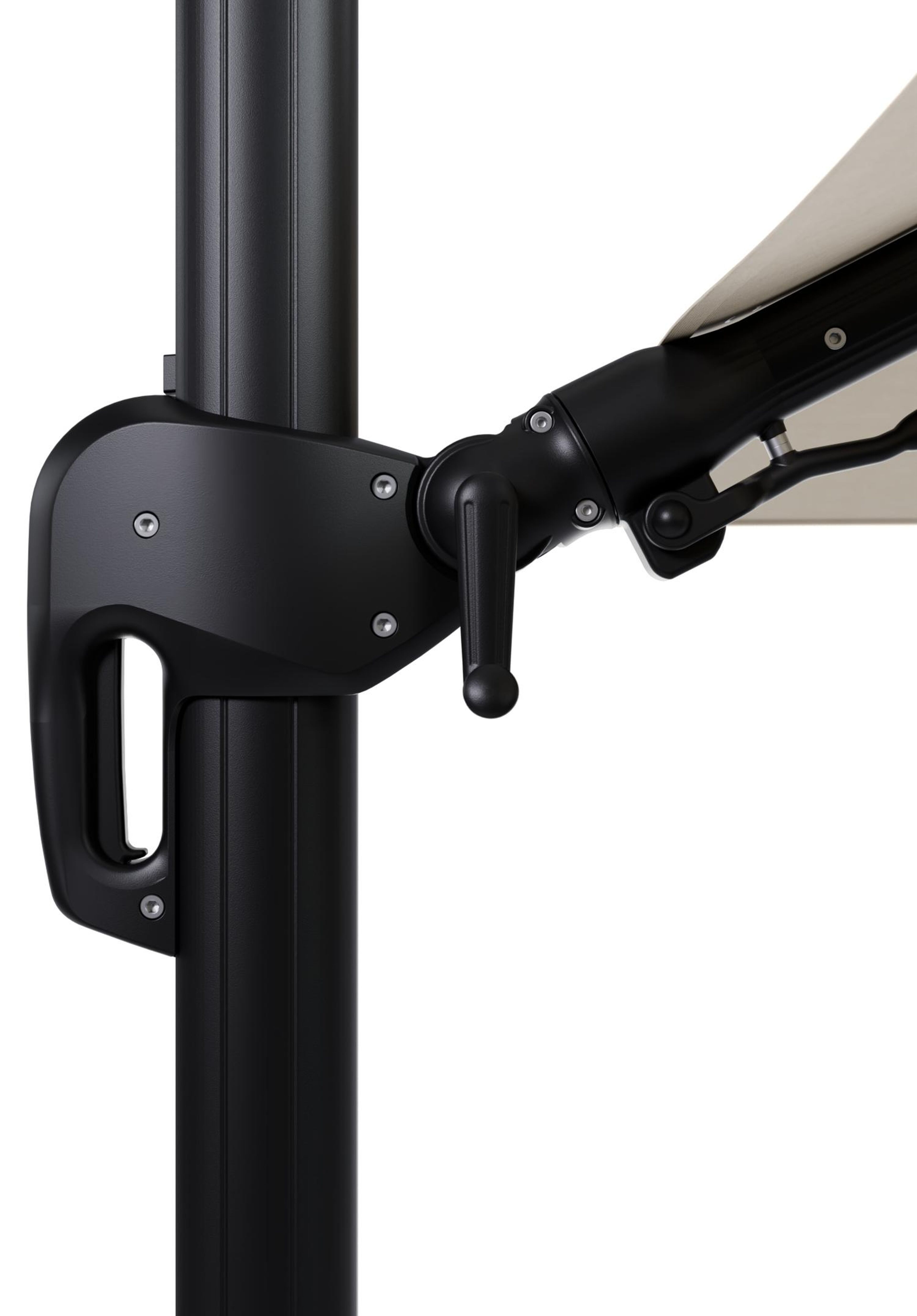 Rufina zweefparasol met tiltfunctie in zwart aluminium met beige all weather sunbrella® premium parasoldoek - L1 350 x L2 250 cm met parasolvoet Lapido 120 kg