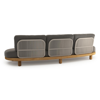 Canapé de jardin Donato en teck et corde ronde tissée verticalement beige et coussins en all weather sunbrella® luxe Natte Dark Taupe