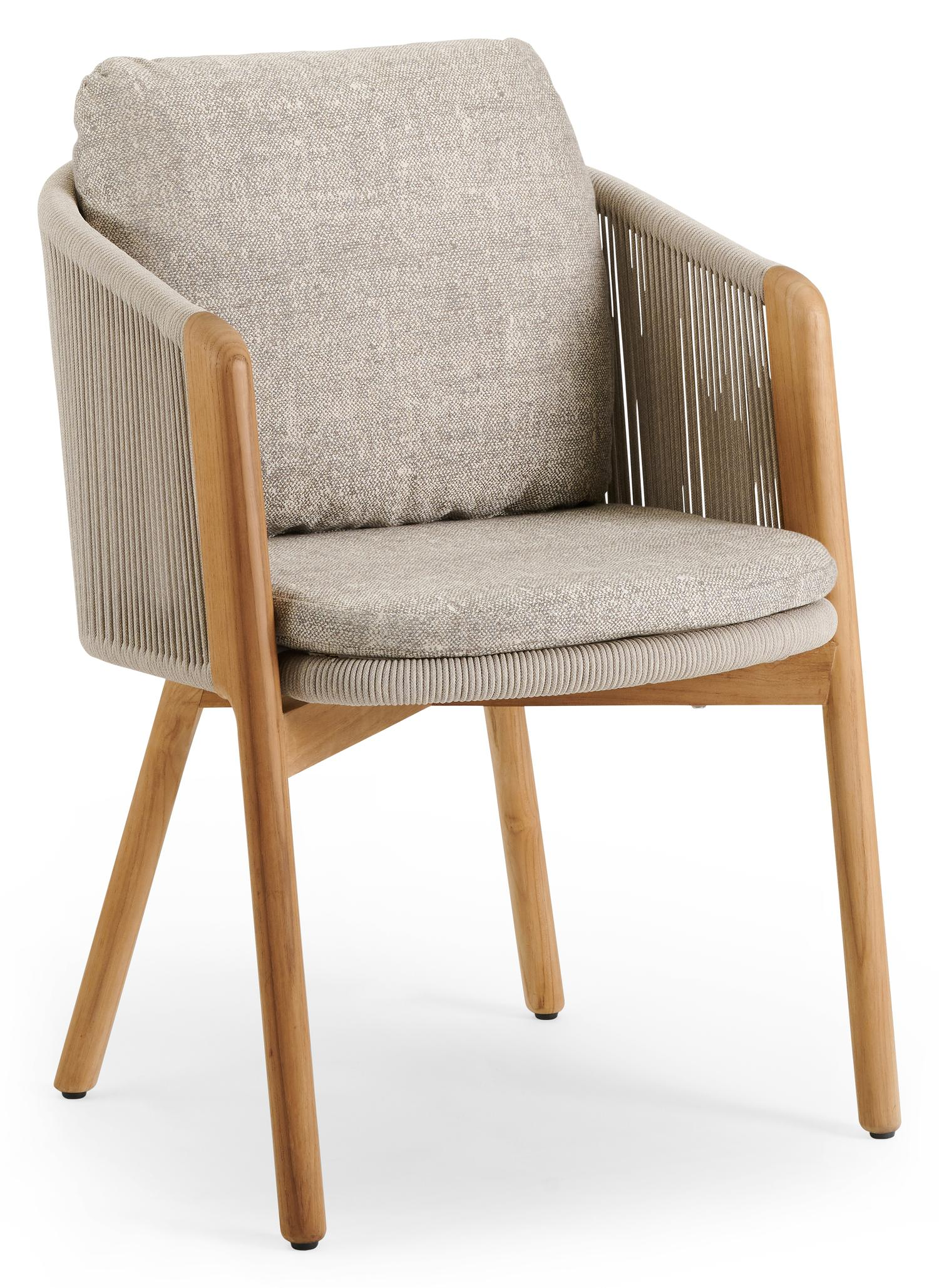 Gardo tuinstoel in teak en beige verticaal geweven ronde rope met kussen in chartres pewter all weather sunbrella® luxe